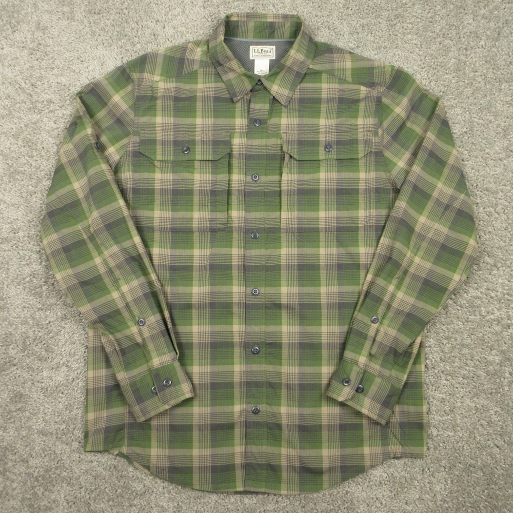LL Bean Shirt Mens Medium Green Plaid Wrinkle Free Kennebunk Sport Button Up EUC
